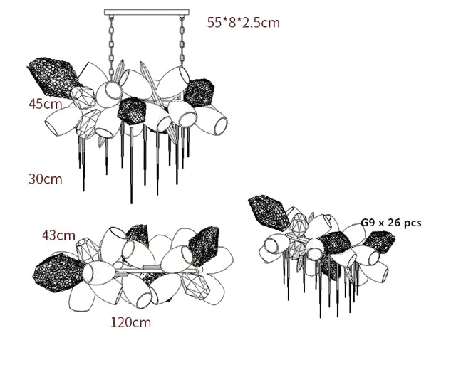 Modern Nordic flower-style crystal glass chandelier, G9 LED x26, measured from all viewing angles.