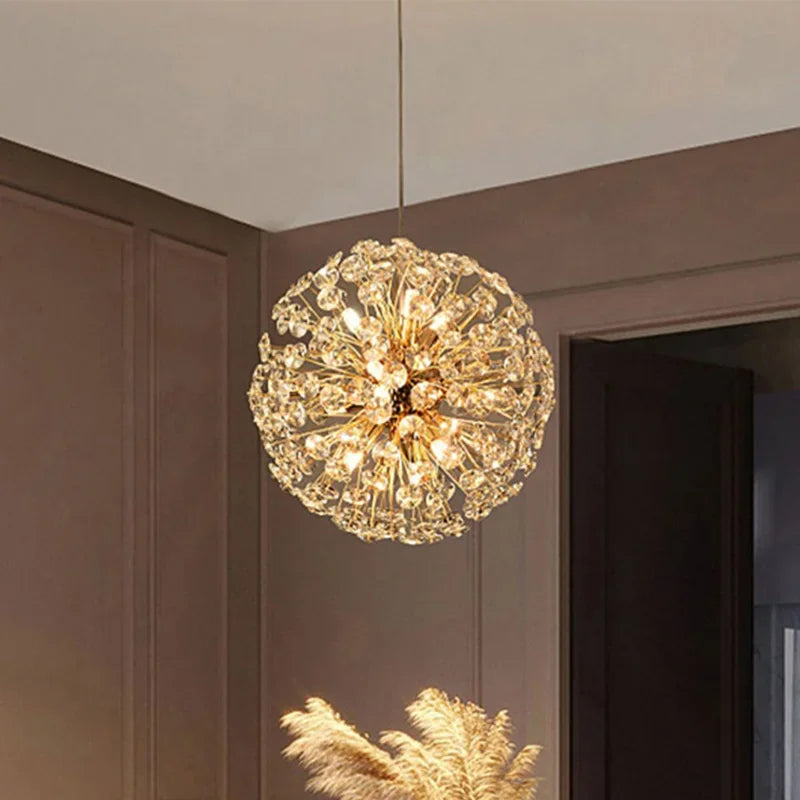 Elegant Maison Ornate chandelier with dandelion-inspired crystals and LED lights in modern design.