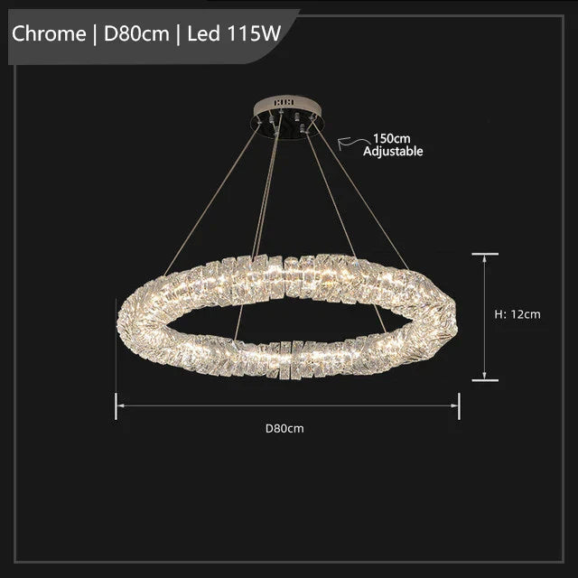 Maison Ornate K9 Crystal Industrial Chandelier with 80cm circular LED, chrome finish, and adjustable cables.