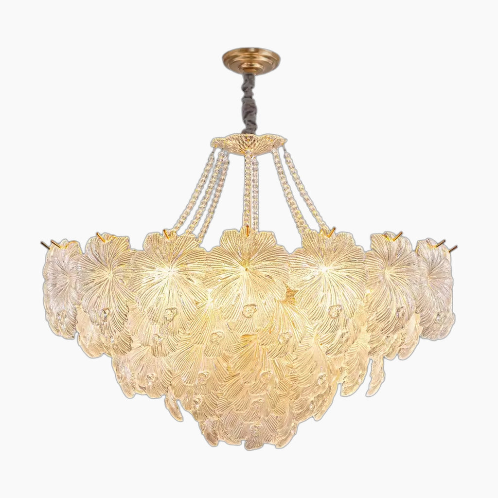 Maison Ornate chandelier with layered golden glass leaf petals and gold-finished metal, suspended elegantly.