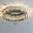 Elegant crystal bedroom chandelier with LED, layered rings, warm light, 100cm wide, 280W.