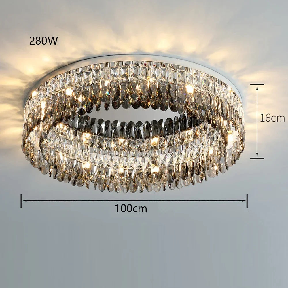 Elegant crystal bedroom chandelier with LED, layered rings, warm light, 100cm wide, 280W.