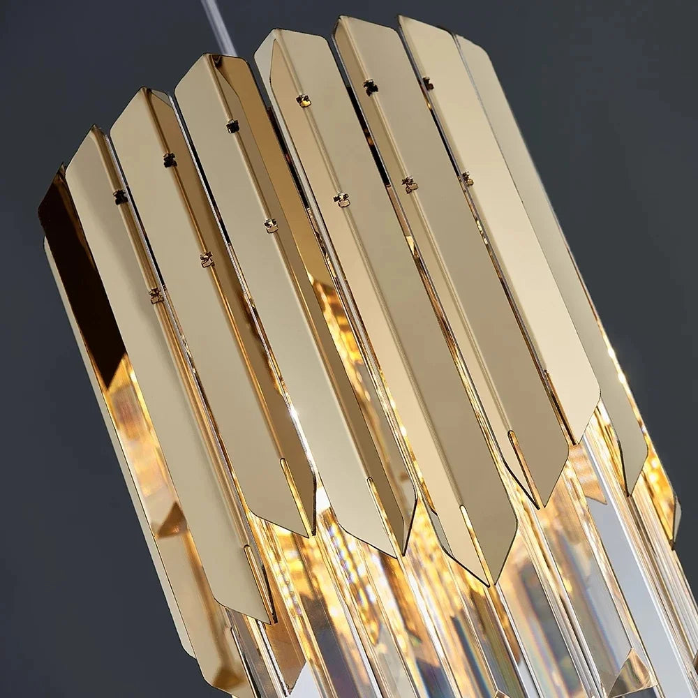 Close-up of Maison Ornate Round Gold Crystal Chandelier showcasing gold and clear geometric elements.