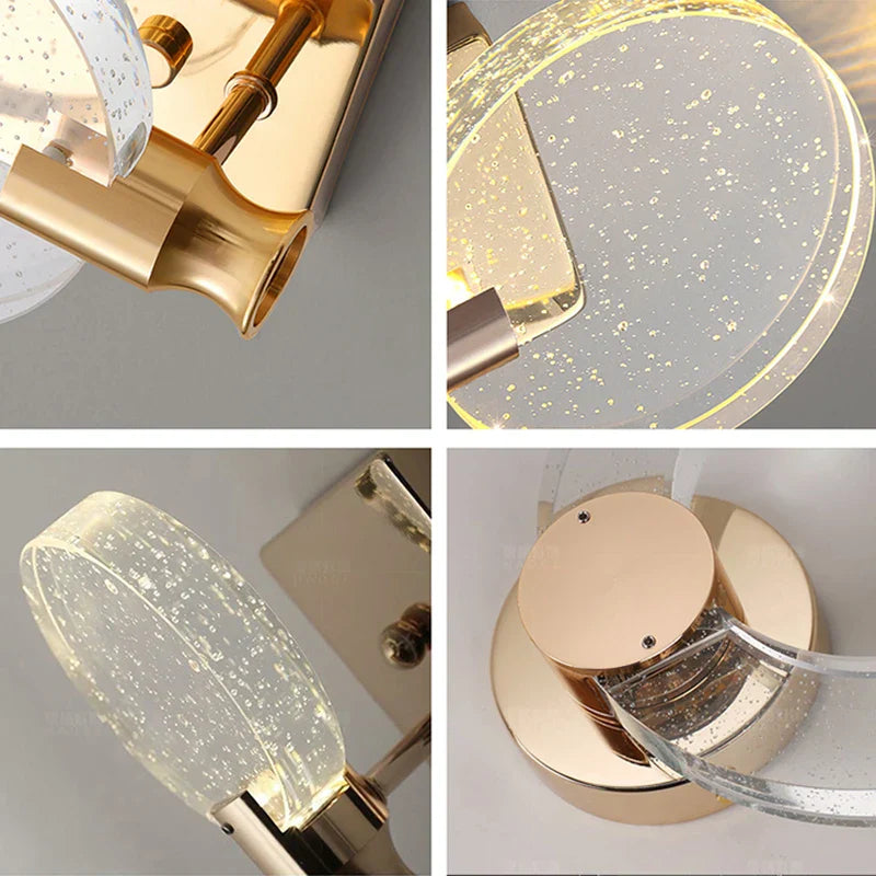 Collage of four close-ups features modern gold LED crystal chandeliers with circular bubble-glass accents.