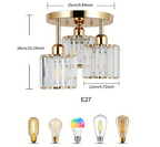 Modern gold crystal iron chandelier with three square glass lampshades, E27 bulb compatible. Measurements shown.