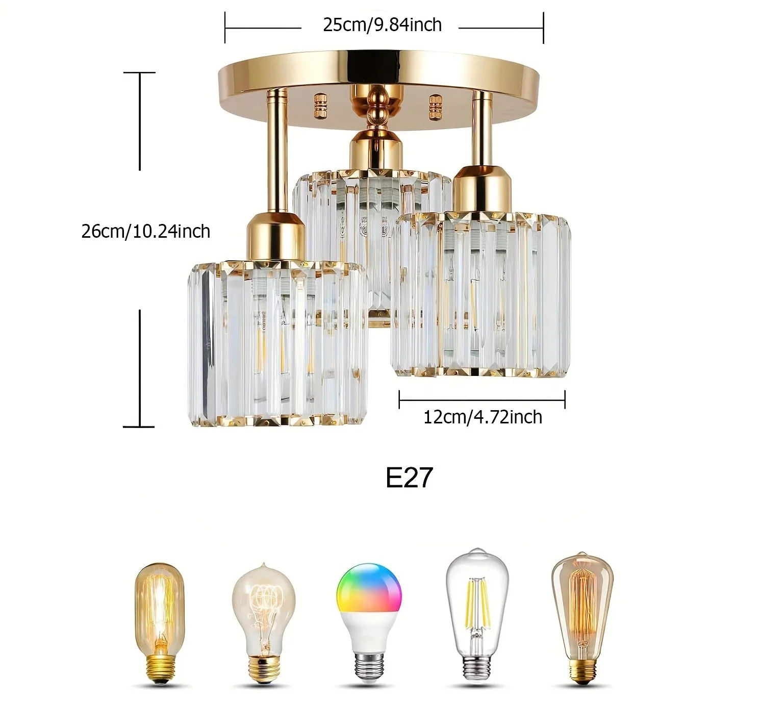 Modern gold crystal iron chandelier with three square glass lampshades, E27 bulb compatible. Measurements shown.