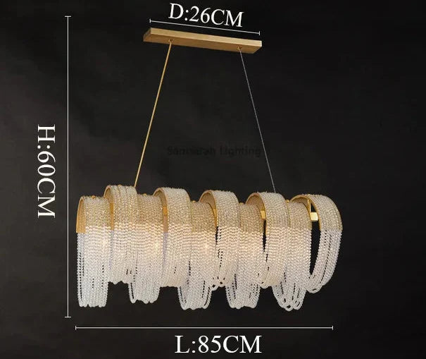 Gold-accented modern crystal spiral chandelier with draped chains, two wire suspension, precise dimensions.