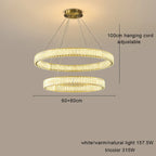 Modern LED crystal chandelier with 60cm and 80cm rings, adjustable cords, dimmable tricolor lighting.