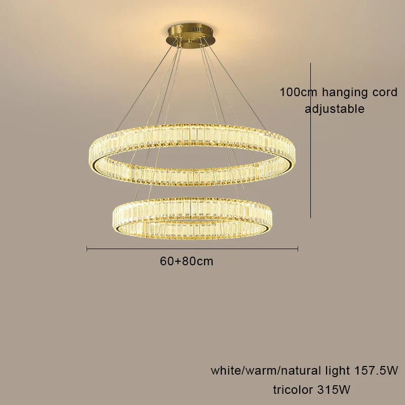 Modern LED crystal chandelier with 60cm and 80cm rings, adjustable cords, dimmable tricolor lighting.