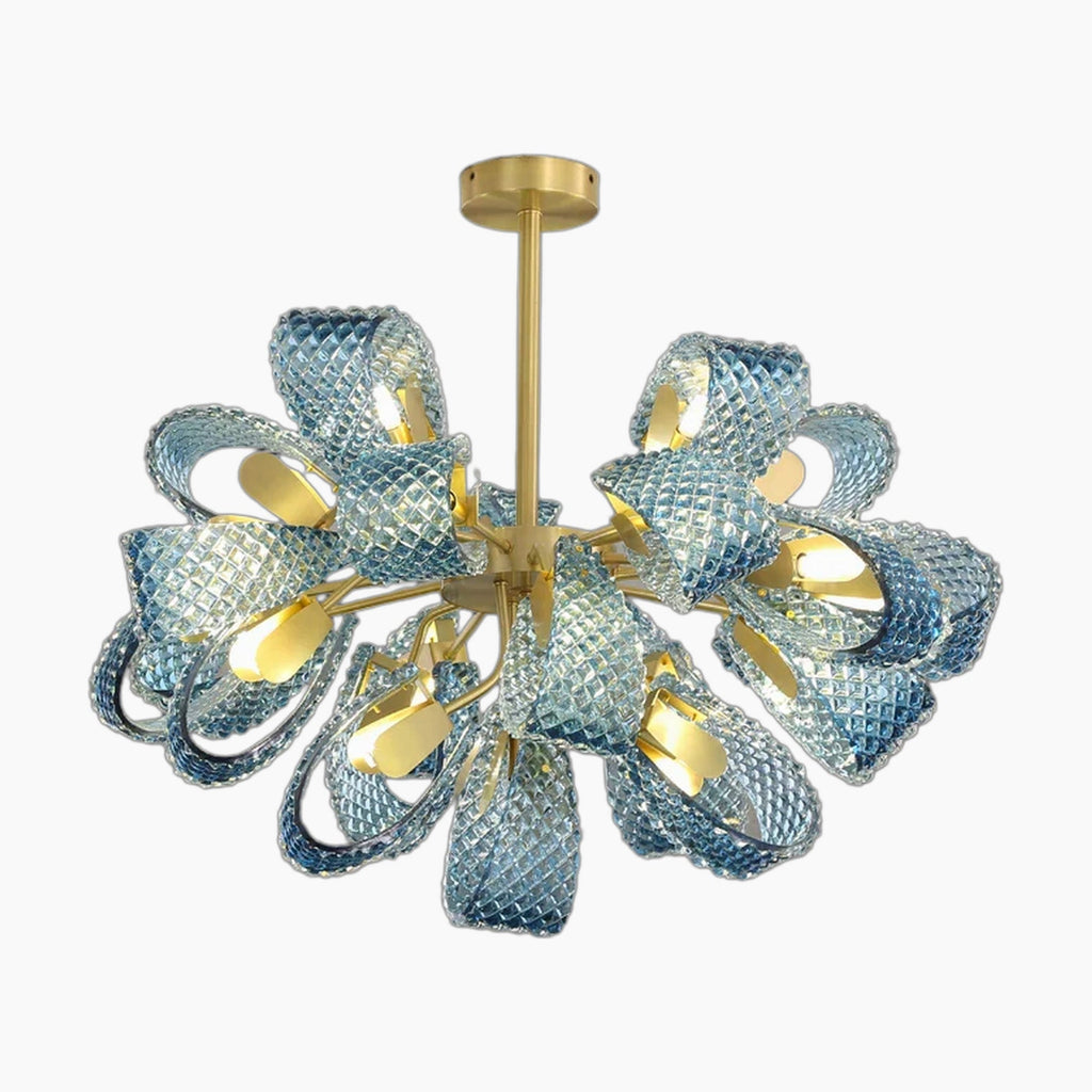 Curved blue glass chandelier with golden LED accents, textured pattern, and integrated modern bulbs.