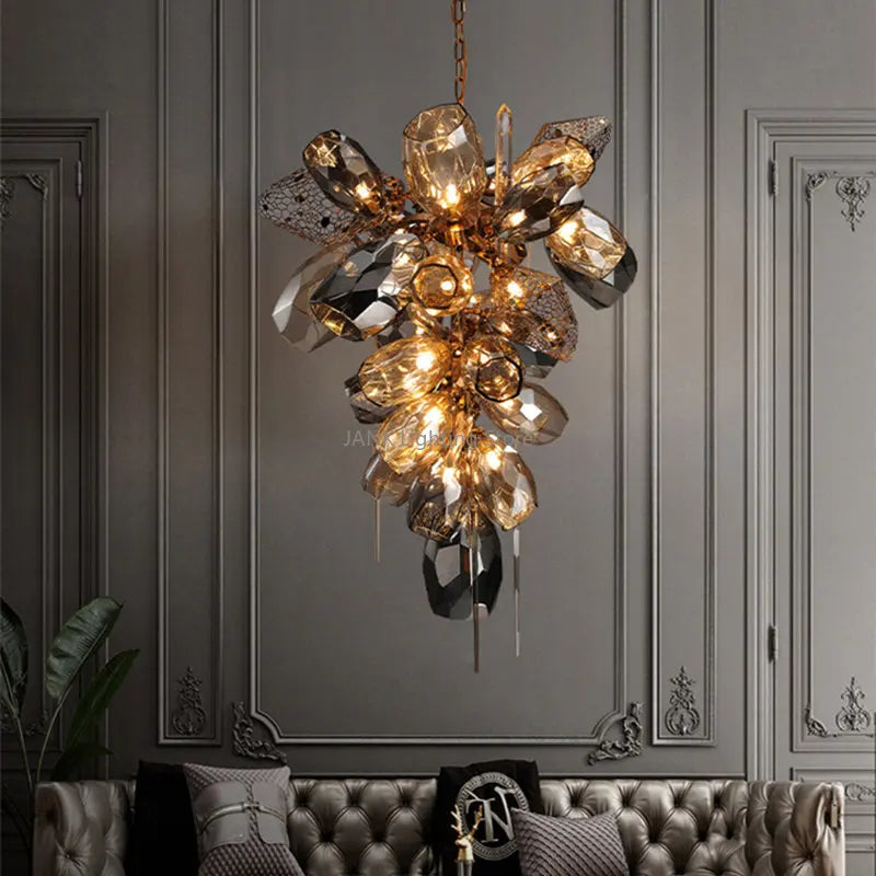 Maison Ornate Modern Crystal Hanging Light with large geometric crystals and stainless steel integrated LED.