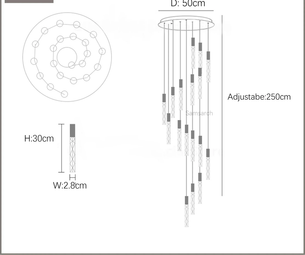 Maison Ornate Spiral LED Crystal Chandelier: gold, 50cm base, 15 pendants, technical top and side views.