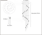 Maison Ornate Spiral LED Crystal Chandelier: gold, 50cm base, 15 pendants, technical top and side views.