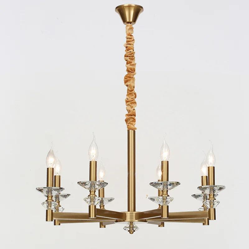 Ornate retro industrial chandelier with six candle bulbs, crystal accents, and a ruched fabric-wrapped gold rod.