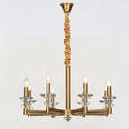 Ornate retro industrial chandelier with six candle bulbs, crystal accents, and a ruched fabric-wrapped gold rod.