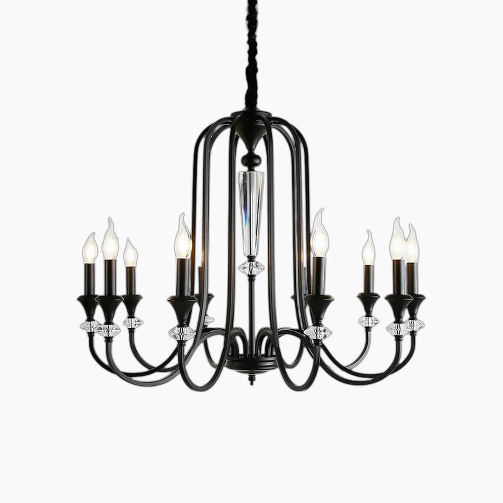 Maison Ornate Vintage Crystal Chandelier with eight black arms, candle LED lights, and crystal accents.