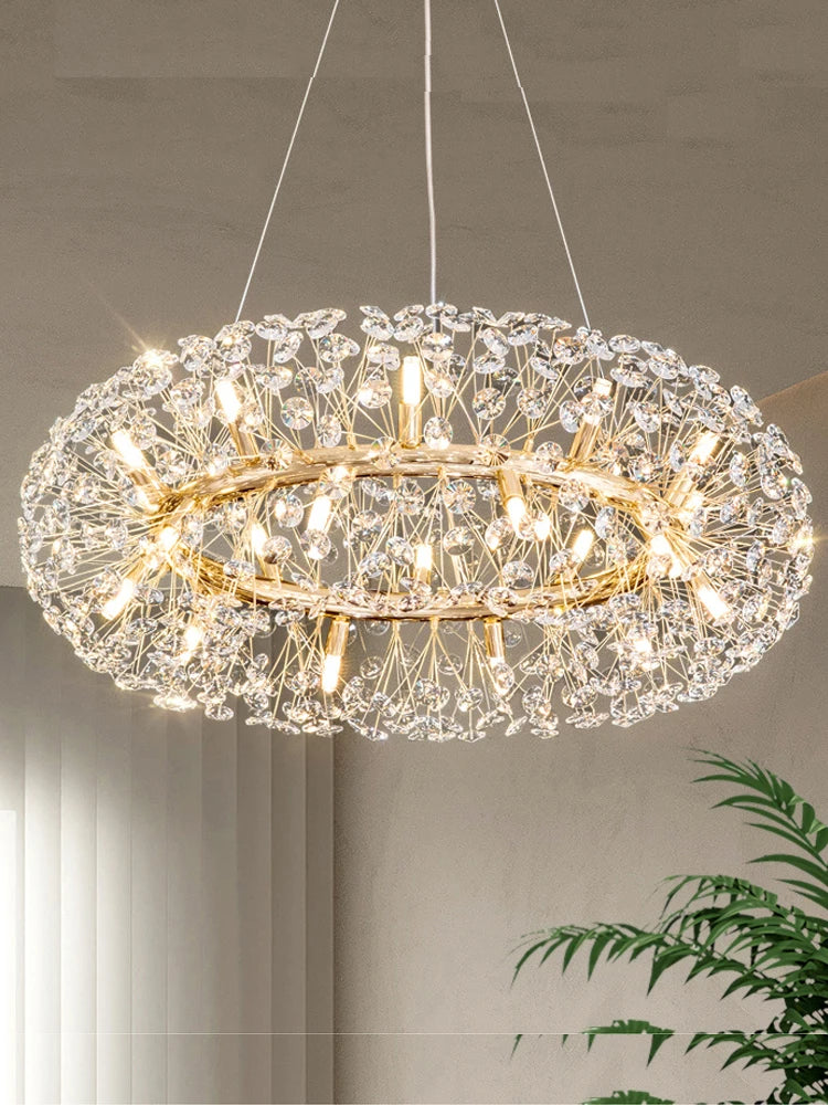 Maison Ornate Modern K9 Crystal Chandelier with LED lighting, gold finish, dandelion-inspired crystals.