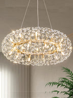 Maison Ornate Modern K9 Crystal Chandelier with LED lighting, gold finish, dandelion-inspired crystals.