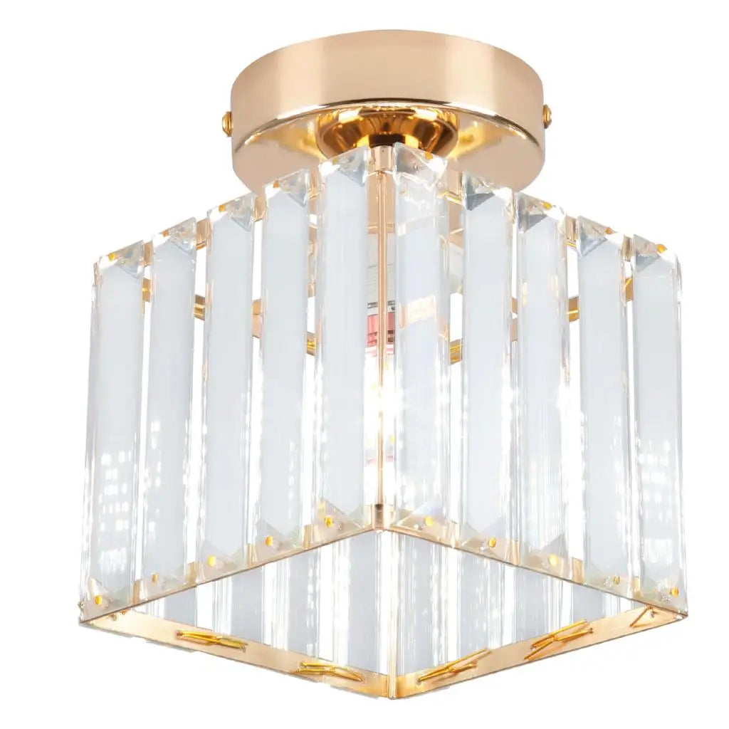 Modern crystal chandelier with gold base, square frame, and vertical clear glass panels.