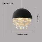 Elegant hemispheric chandelier with black top, cascading crystals, warm light; 50cm size; semi-flush mount.