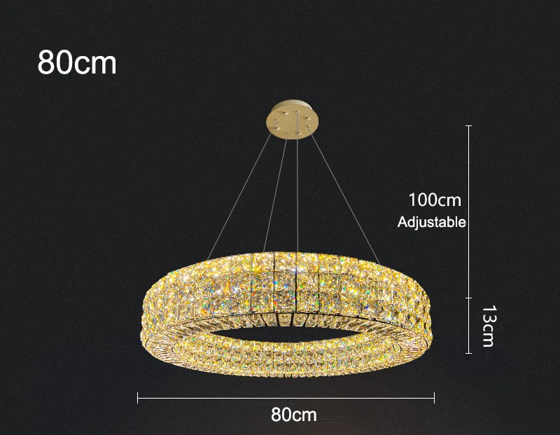 Maison Ornate Art Deco crystal chandelier, circular with LEDs, 80cm diameter, adjustable suspension wires.