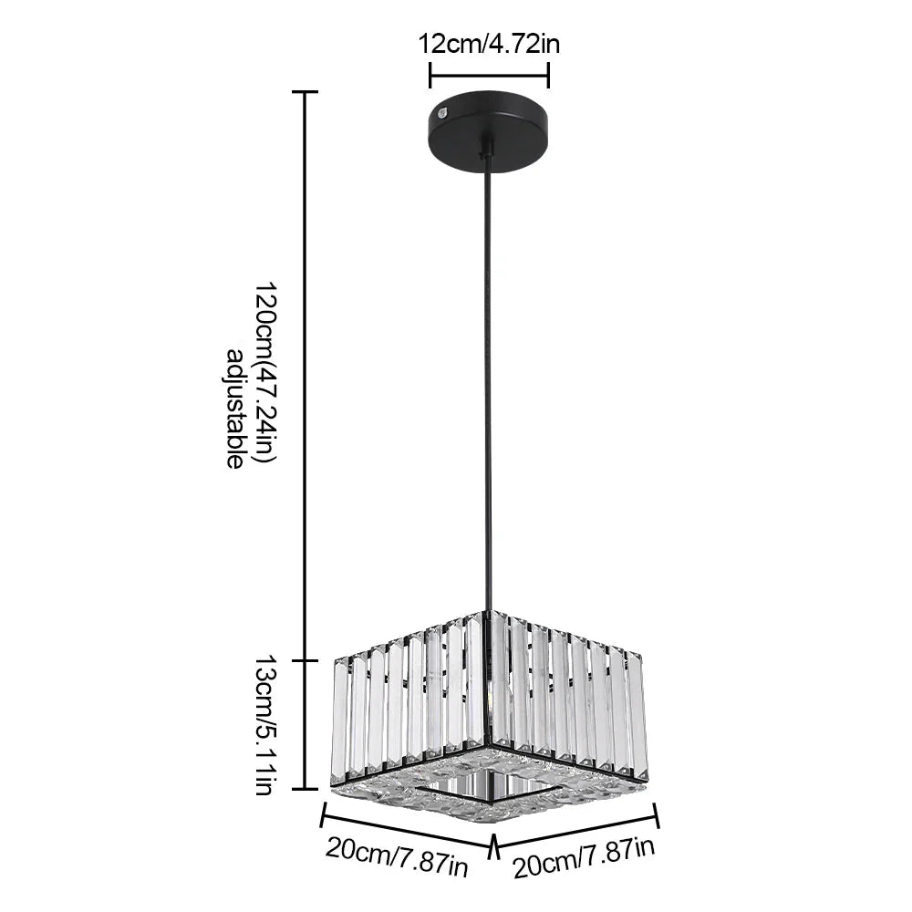 Elegant Art Deco crystal chandelier with black circular mount, 120cm rope, 20x20x13cm square shade.