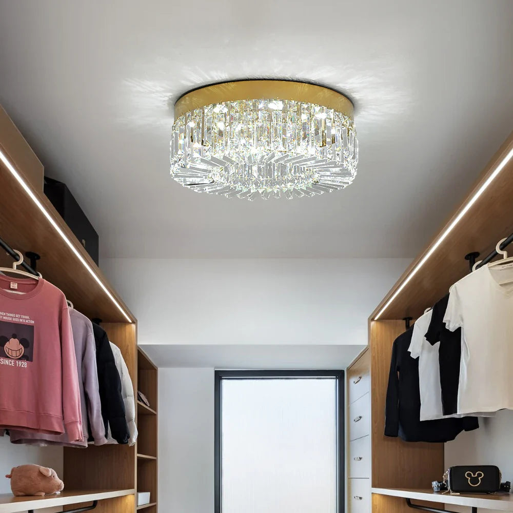 Maison Ornate Modern Gold Crystal Bedroom Chandelier with Integrated LED, suspended and illuminated.
