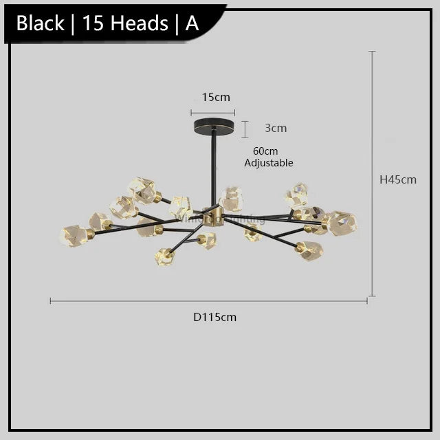 Maison Ornate Postmodern chandelier with 15 gold crystal heads, unique LED lighting, adjustable mount.