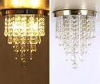 Maison Ornate polished metal crystal hallway chandelier G9 shown lit and unlit to display design details.