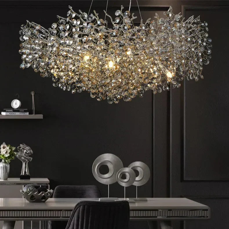 Maison Ornate Elegant Contemporary Crystal Chandelier with LED remote, sparkling flaunts sculptural crystal design.