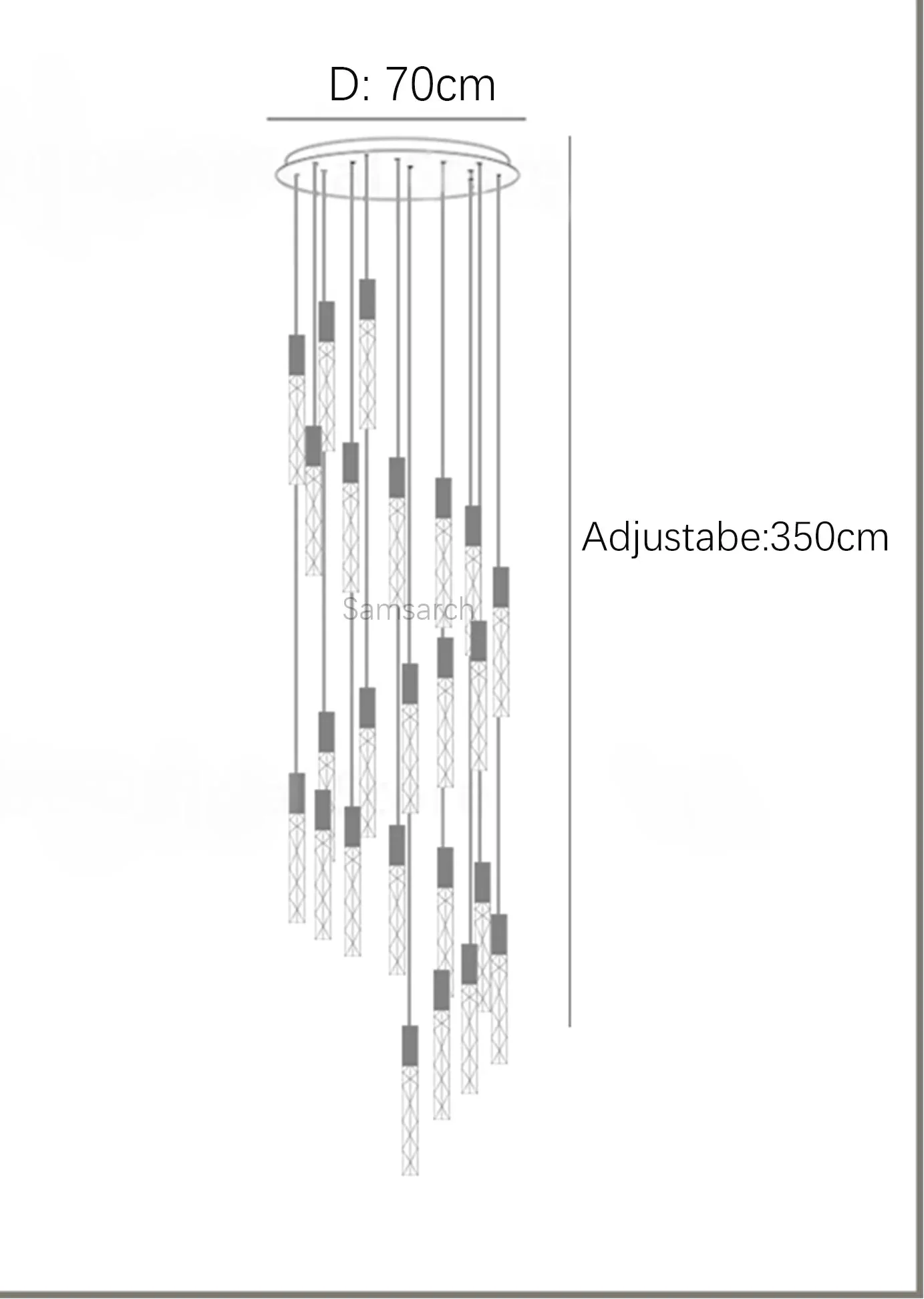 Maison Ornate Spiral LED Crystal Chandelier with adjustable multi-height lights, 70 cm diameter, for high ceilings.