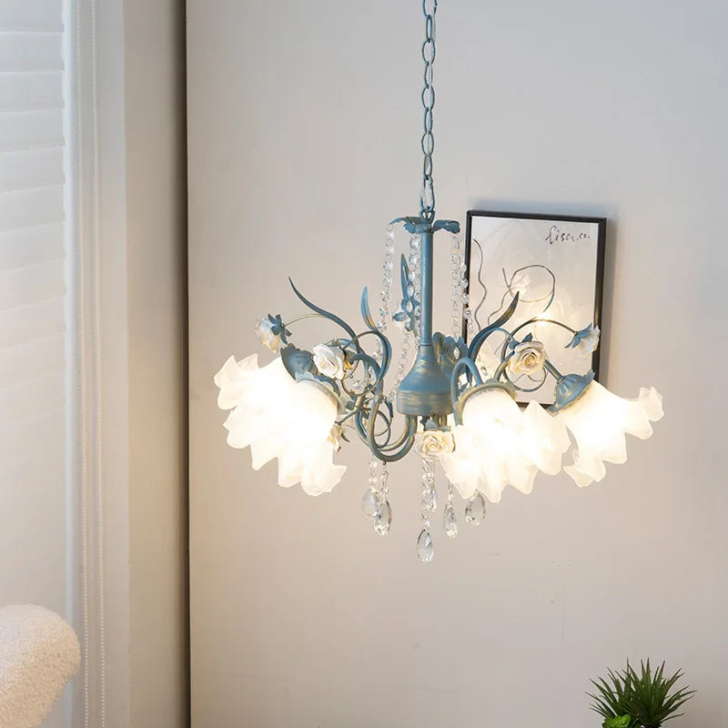 Art Deco Crystal Chandelier with Pastoral Glass Flowers