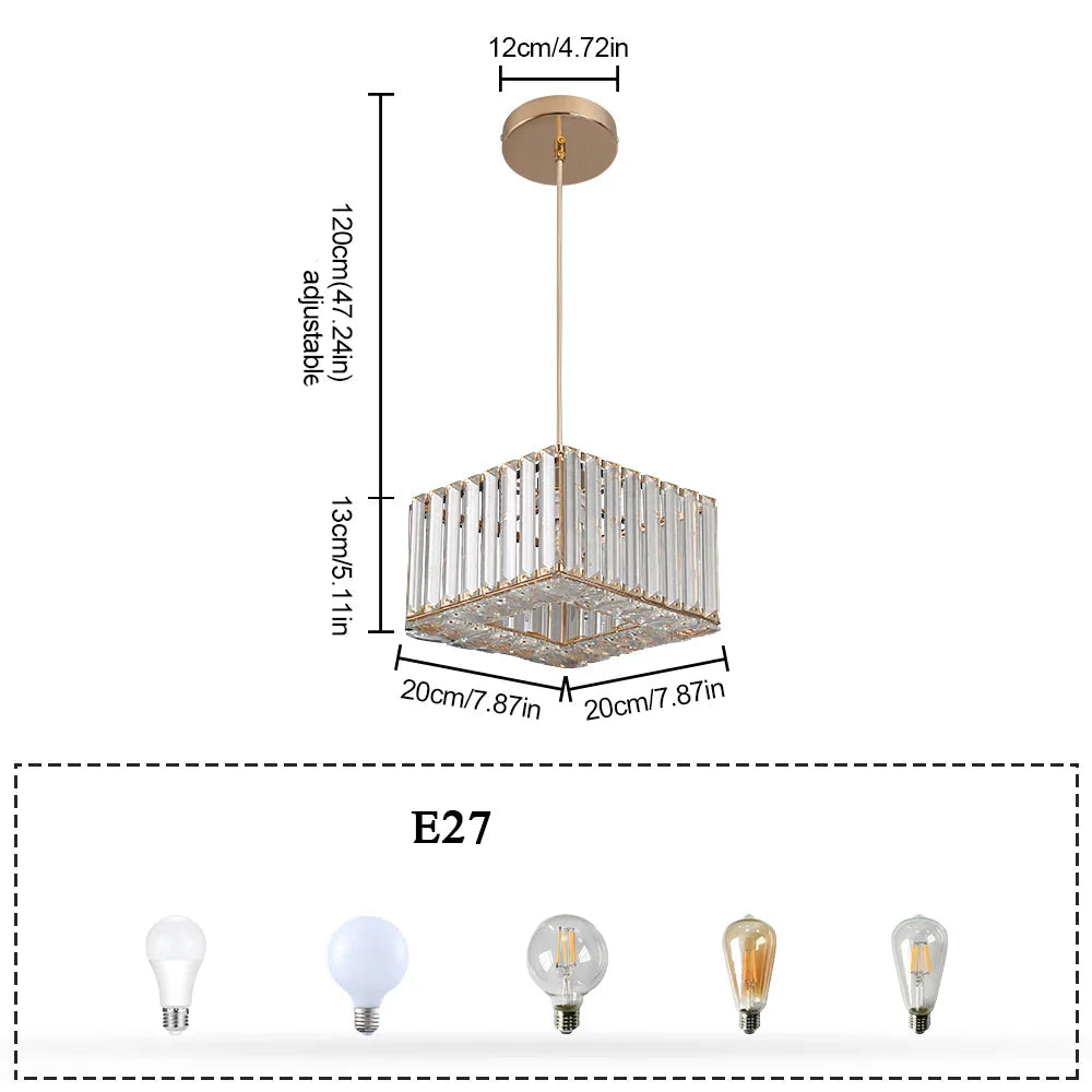 Square crystal Art Deco chandelier with gold trim, adjustable rope, and five E27 bulb sockets.