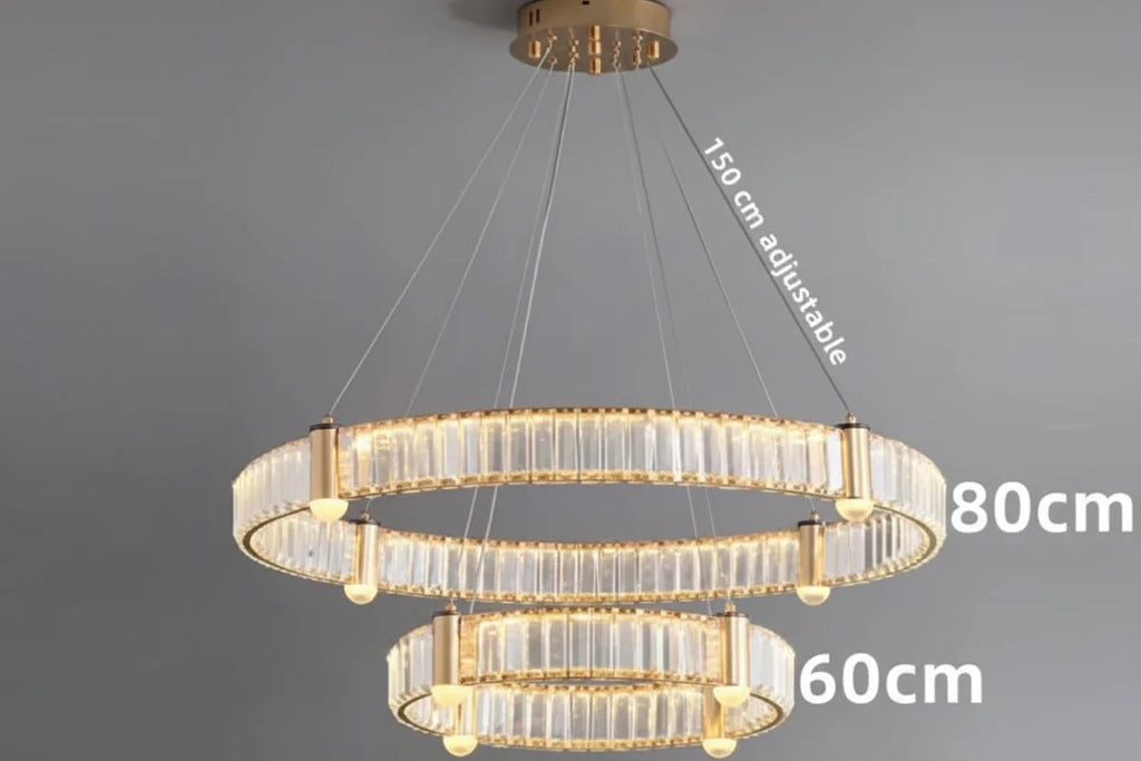 Gold Maison Ornate Crystal Chandelier with modern LED rings, two-tier 80 cm and 60 cm design.