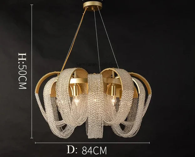 Maison Ornate Modern Crystal Spiral Chandelier with looping crystals, three bulbs, and gold accents, 50x84 cm.