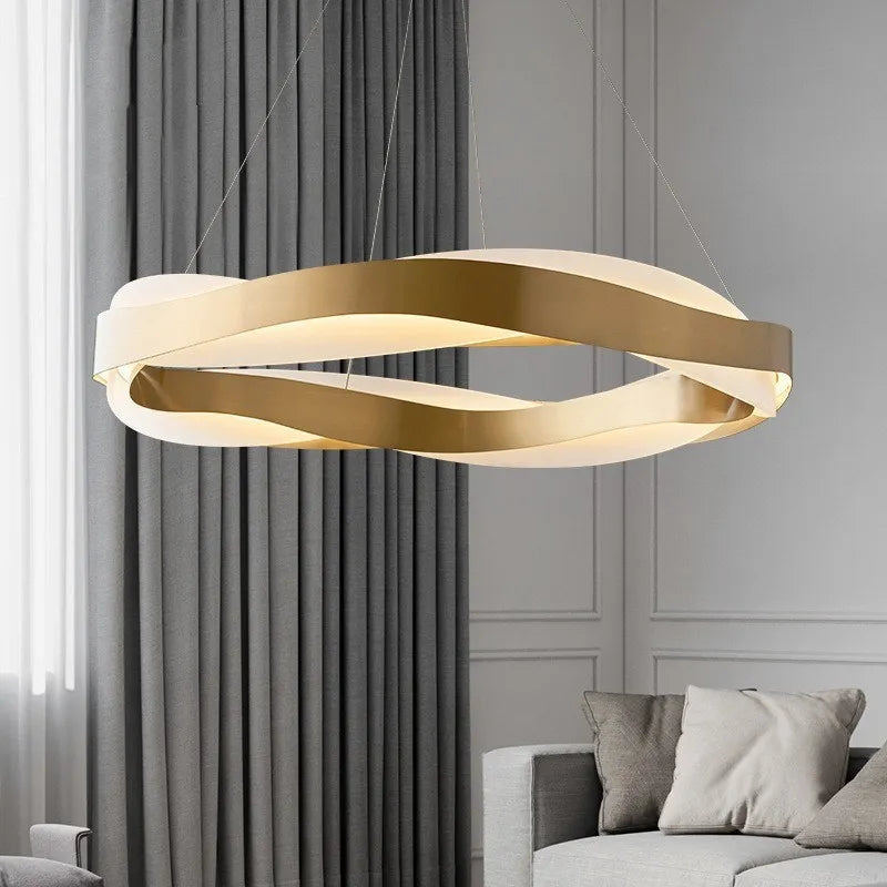 Maison Ornate Golden Crystal Chandelier with modern LED rings, elegant gold and crystal fixture design.