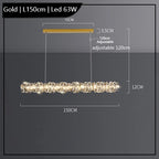 Sleek gold chandelier with LED lights, K9 crystal accents, 150 cm long, modern industrial design.
