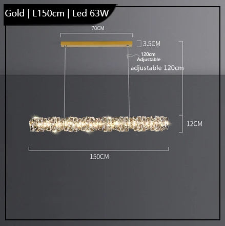 Sleek gold chandelier with LED lights, K9 crystal accents, 150 cm long, modern industrial design.