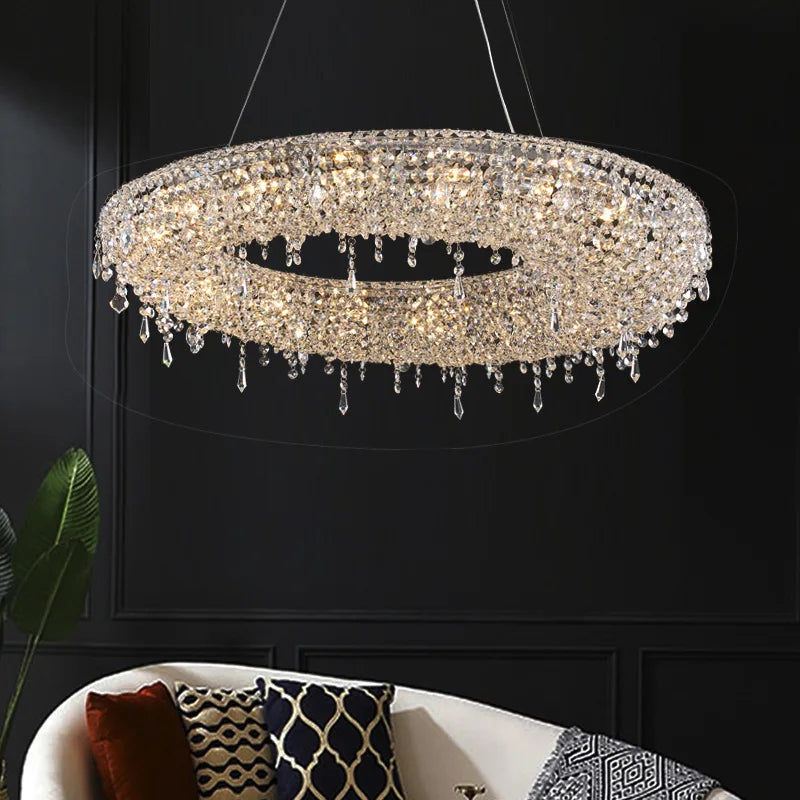 Maison Ornate Luxury Crystal Chandelier features modern LED design, intricate crystals, and elegant silhouette.