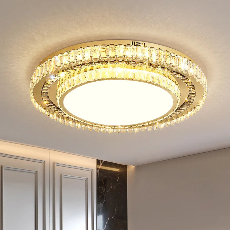 Maison Ornate Round Crystal Glass LED Chandelier with concentric rings and crystal accents, warm elegant illumination.