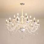 Baroque crystal chandelier with curved tubes, candle-style bulbs, and sparkling crystals in Nordic style.