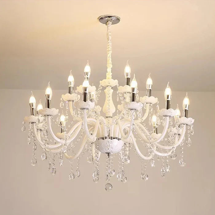Baroque crystal chandelier with curved tubes, candle-style bulbs, and sparkling crystals in Nordic style.