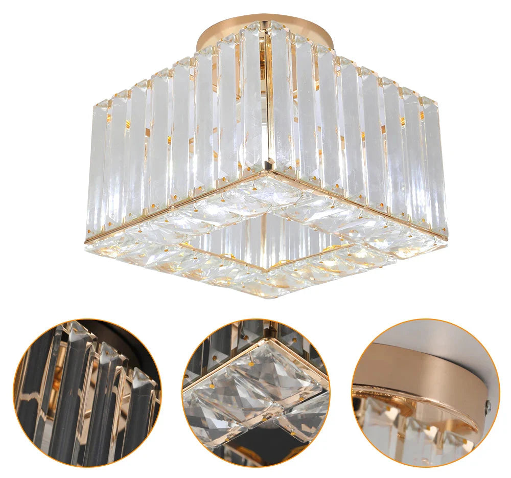 Square Art Deco chandelier with gold accents, clear glass rods, rope suspension; close-ups show crystal detail.