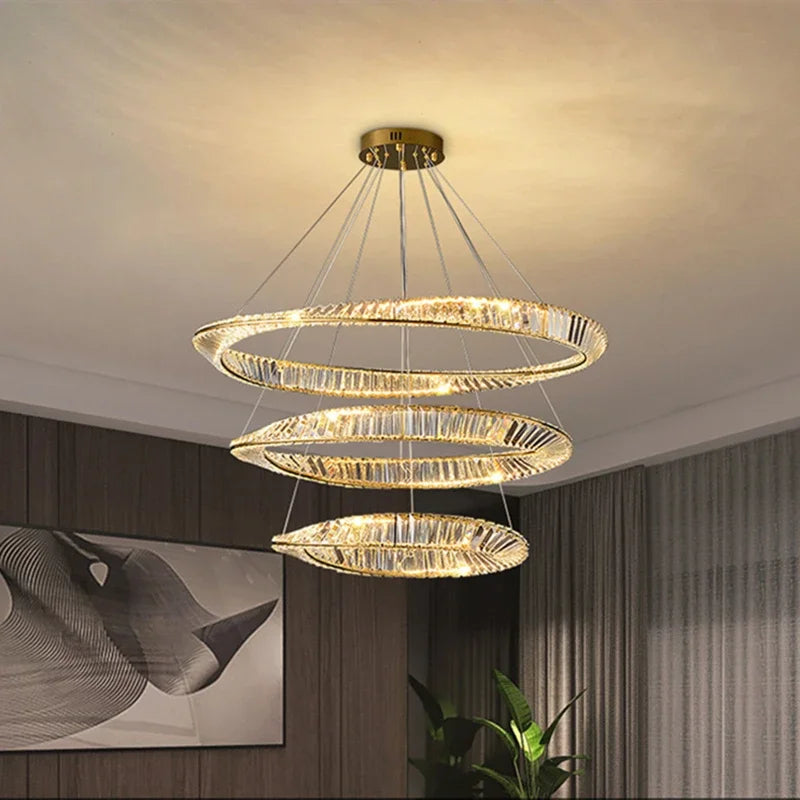 Maison Ornate K9 Crystal Chandelier with irregular LED crystal rings in a modern, elegant design.