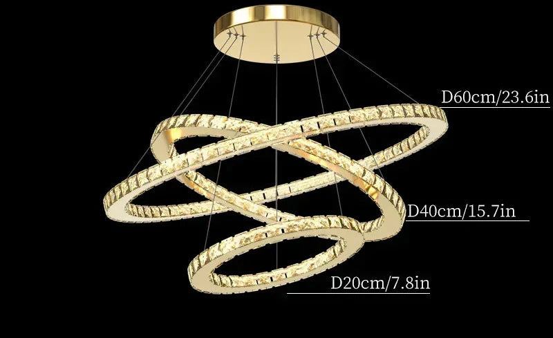 Maison Ornate Industrial Crystal Chandelier with modern pendants, interlaced rings, dimmable, bold style.