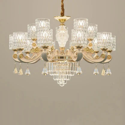 Maison Ornate Crystal Baroque Chandelier with LED, candle lights, gold arms, and crystal pendants.