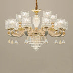 Maison Ornate Crystal Baroque Chandelier with LED, candle lights, gold arms, and crystal pendants.