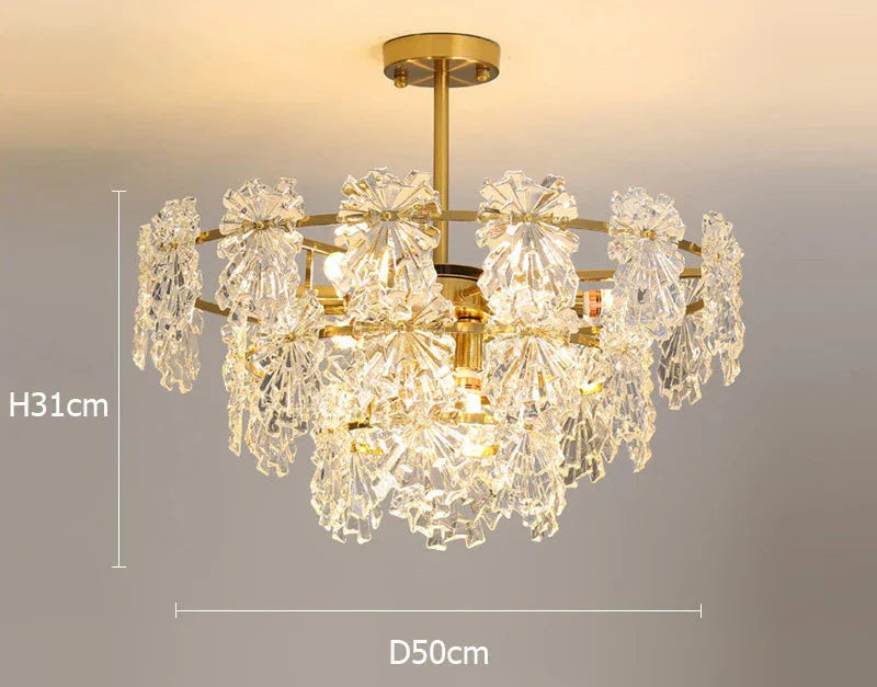 The Maison Ornate Crystal Ball Chandelier with two crystal tiers and flower accents, 31x50 cm.