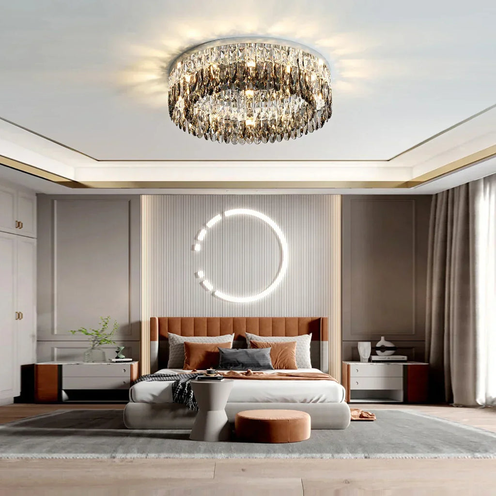 Maison Ornate Elegant Modern Crystal Bedroom Chandelier with LED, luxury design, sparkling accents.