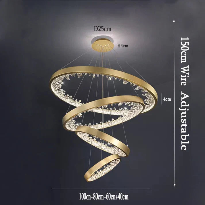 Maison Ornate Modern Villa Crystal Chandelier with four gold rings, LED lights, and sparkling crystals.
